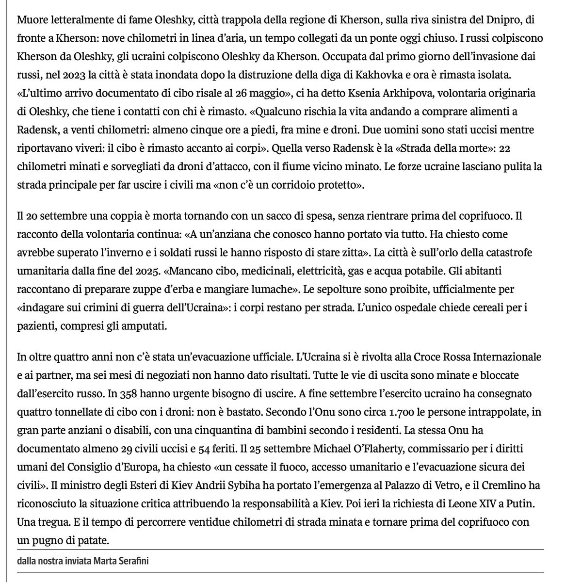 francofontana43's tweet photo. “Qui stiamo già morendo, manca il cibo da settimane”
Oleshky, la città martire che sta a cuore a Leone
@martaserafini, @corriere https://t.co/hzvvbFKZu8