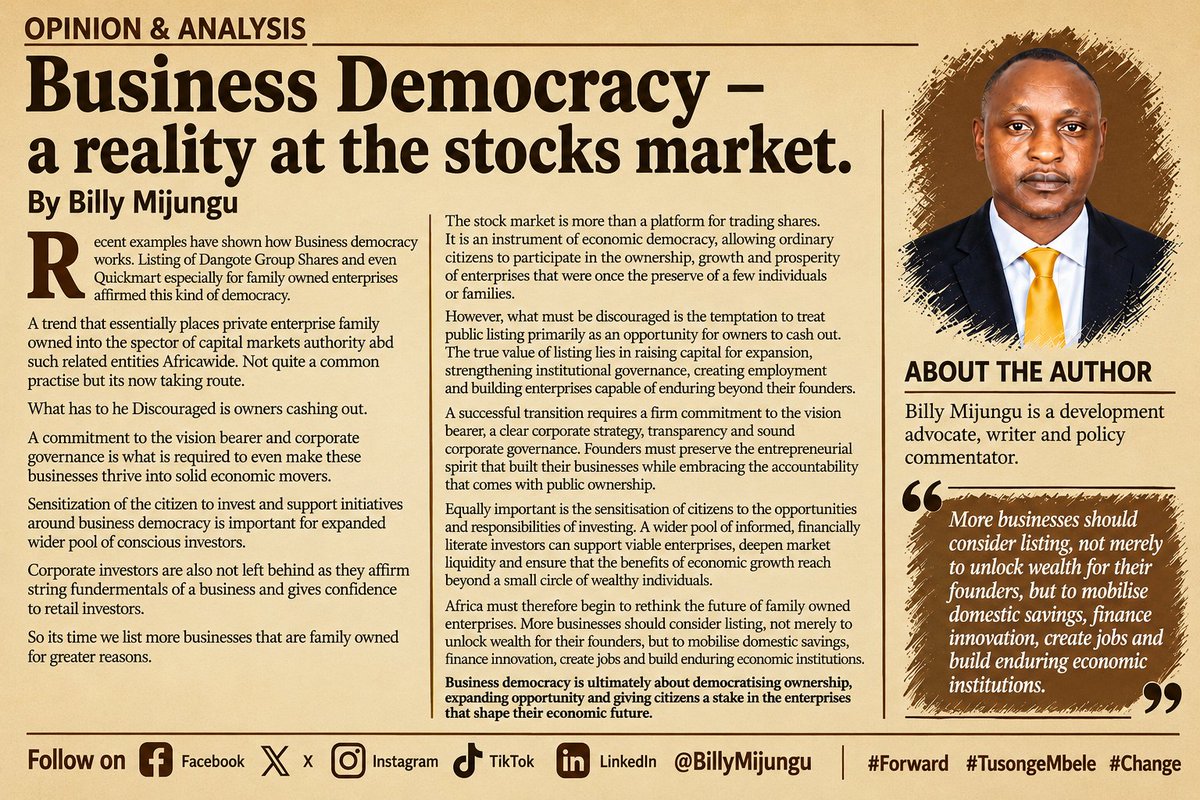 BillyMijungu's tweet photo. BUSINESS DEMOCRACY: A REALITY IN THE STOCK MARKET

Follow me on Facebook, X, Instagram, TikTok and LinkedIn: @BillyMijungu
#Forward #TusongeMbele #Change https://t.co/8eqtOmcAbw