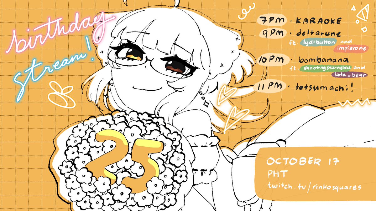rinkosquares's tweet photo. 🎂BIRTHDAY STREAM!!!🎈

as we do (almost) every year, ill be having a bday stream TONIGHT!

make sure to catch it for some fun times!!! we'll be playing games with buddies and hangin out!
id love to see u guys!! https://t.co/bzqnX1zIBH