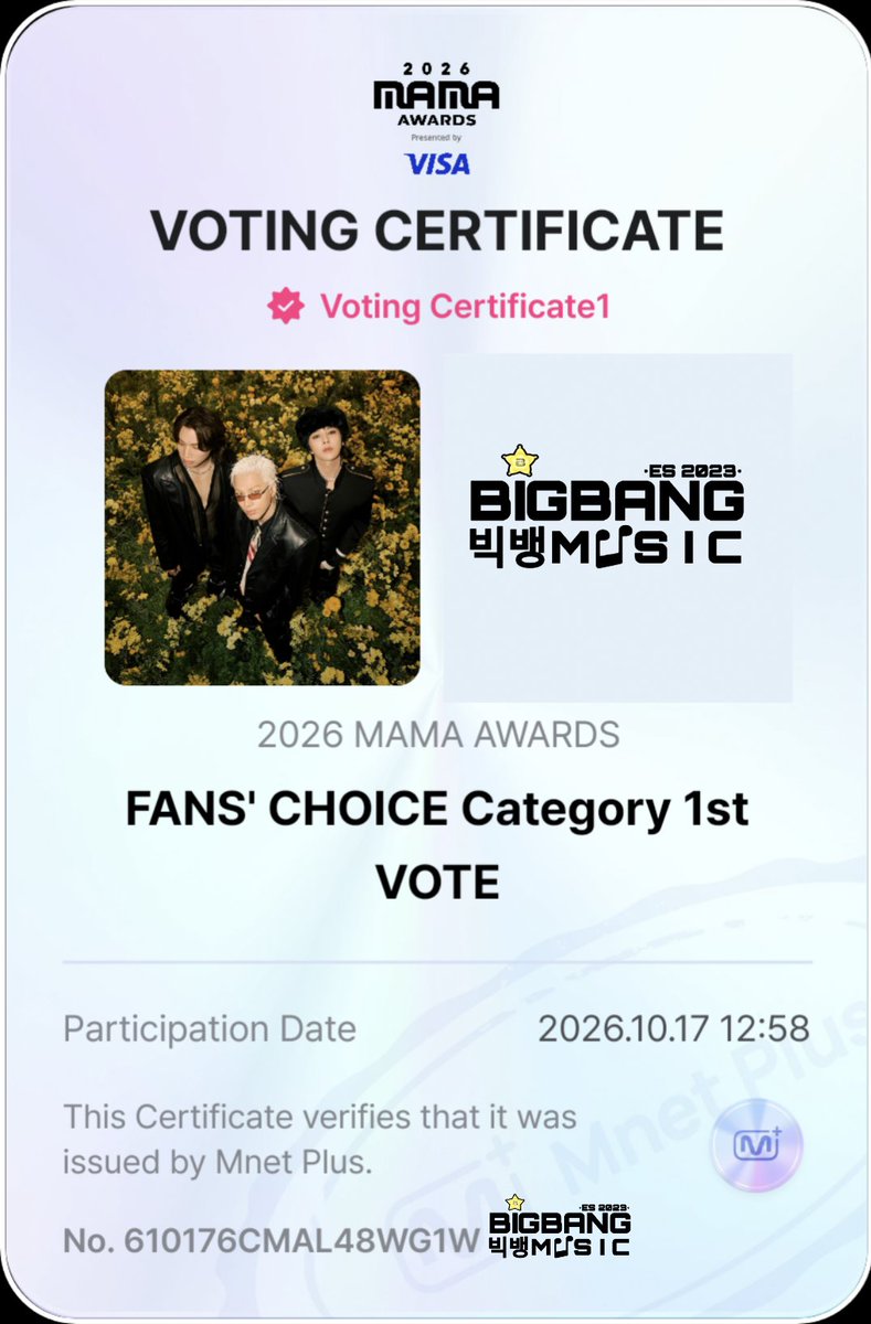 BIGBANGMusic_'s tweet photo. 📢GLOBAL VIP

A friendly reminder to drop your votes for #BIGBANG today on MnetPlus app at #2026MAMAVOTE ✨

Voting ends on October 22nd, 23:59PM KST 🇰🇷 https://t.co/OT7tLkPJHw