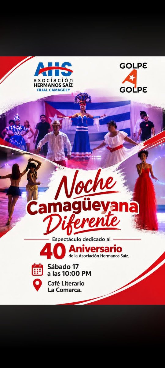 MPena75426's tweet photo. Este sábado 17, a las 10:00 PM,
Un espectáculo especial dedicado al 40 Aniversario de la Asociación Hermanos Saíz.

📍 Café Literario La Comarca.

¡No te lo pierdas! La cultura se vive y se celebra. ✨📚🎶

 ¡Te esperamos! 🎤📖✨
#JornadaCulturaCamagüey2026 https://t.co/S9YpZIKA3S