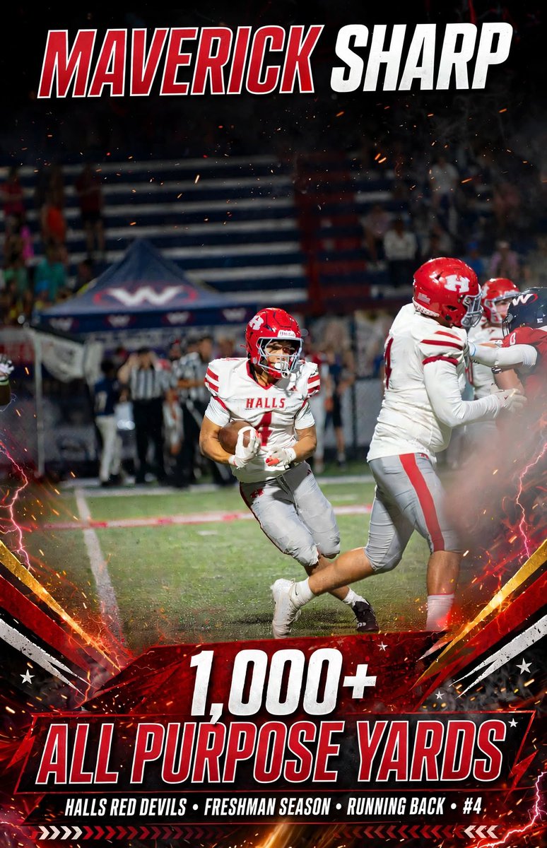 MavSharp3's tweet photo. Over 1,000 all purpose yards in my freshman season 📈📈📈 #hallsfootball #runningback @HallsRedDevils @CoachHughes56 @Marcus_Weaver_ @CoachBlack1286 @CSmithScout @shaynep_media @SWiltfong_ @ChadSimmons_ @5StarPreps https://t.co/xddUCFDPaX