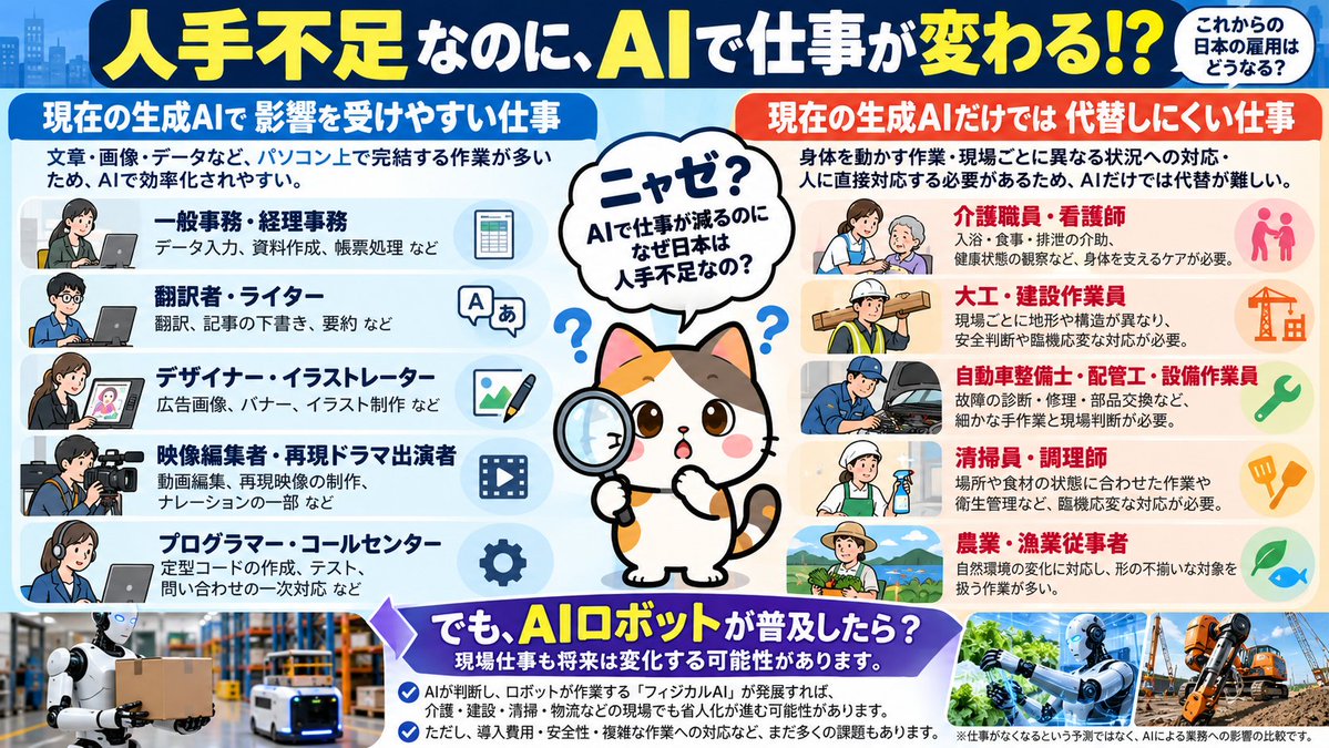 nyaze_jp's tweet photo. 🤖【人手不足なのに、AIで仕事が減る！？】

日本では人手不足を背景に外国人労働者が増加。
その一方、生成AIの進化で仕事が変わり始めています。

影響を受けやすい職業と、代替されにくい職業をニャゼが図解しました🐱🔍　未来の雇用革命に備えて！
#生成AI #人手不足 #外国人労働者 #フィジカルAI #AIロボット #ニャゼ