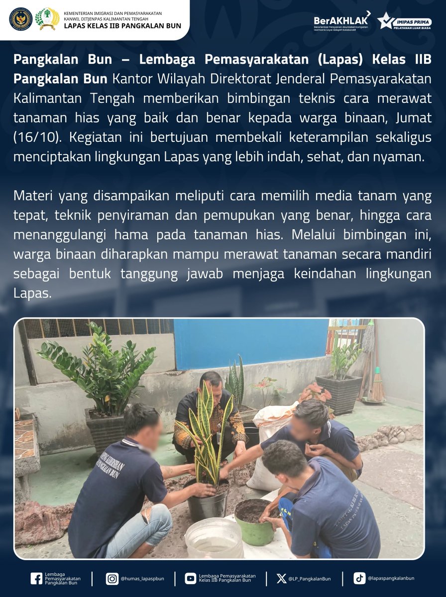LP_PangkalanBun's tweet photo. Asah Keterampilan dan Ketenangan Hati, Lapas Pangkalan Bun Gelar Bimtek Tanaman Hias

Humas Lapas Pangkalan Bun
#kemenimipas
#Ditjenpas
#pemasyarakatan
#guardandguide
#DitjenpasKalteng
#Hensah
#infoimipas
#lapaspangkalanbun
#dawai
#KabarLapabun https://t.co/ALoYmGkUOk