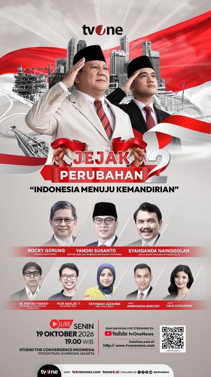 bpsdmkemendesa's tweet photo. 🇮🇩✨ JEJAK PERUBAHAN 2: Indonesia Menuju Kemandirian

Bagaimana langkah Indonesia menuju kemandirian dan memperkuat potensi bangsa? Saksikan program Jejak Perubahan 2 di tvOne yang menghadirkan diskusi inspiratif bersama para narasumber untuk membahas arah perubahan dan https://t.co/h3yFByBN4h