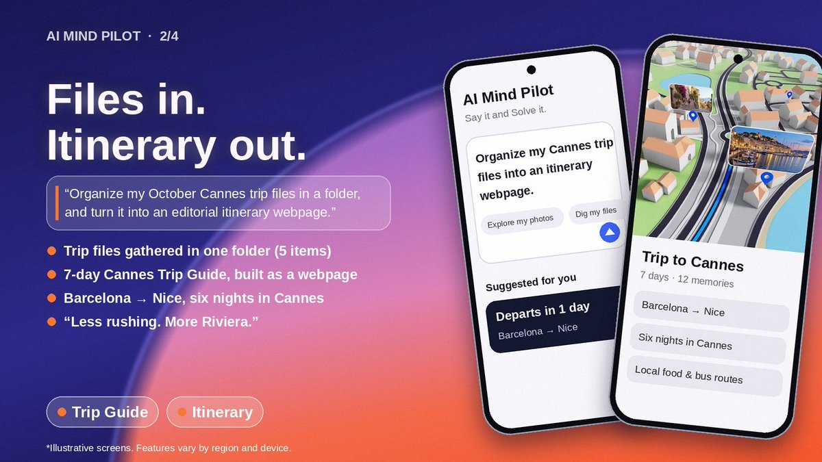 manndynegiktd's tweet photo. Your phone can now do this in 10 seconds ๐
๐ Trip files โ 7-day trip guide
๐บ๏ธ Full itinerary
๐ผ๏ธ Photos sorted into albums
โจ Vlog cover photo
AI Mind Pilot. Say it. Solve it.
#AIMindPilot #ColorOS17 #OPPO
@op_avc https://t.co/uzAmklBwNu