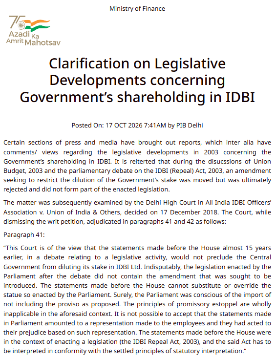 Finance Ministry Clarifies 2003 Legislative Developments on IDBI Shareholding