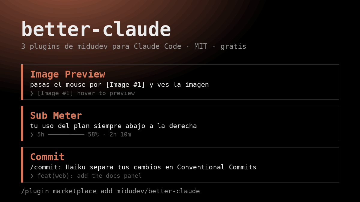 YoDevp's tweet photo. midudev creó 3 plugins para Claude Code y dice que los usa todos los días.

Son open source (MIT), gratis y se instalan desde el propio Claude Code con /plugin.

Te cuento qué hace cada uno 🧵 https://t.co/lslmek2FCv