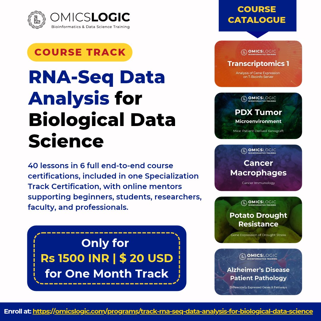 OmicsLogic's tweet photo. 🧬 Build practical RNA-Seq analysis skills with OmicsLogic! Explore applications in oncology, plant biology, immunology, and neuroscience through hands-on projects.

💻 1-month course: INR 1,500 / USD 20
👉 https://t.co/v7hl1sUZlu

#RNASeq #Bioinformatics #Transcriptomics https://t.co/LIV0iIyC40