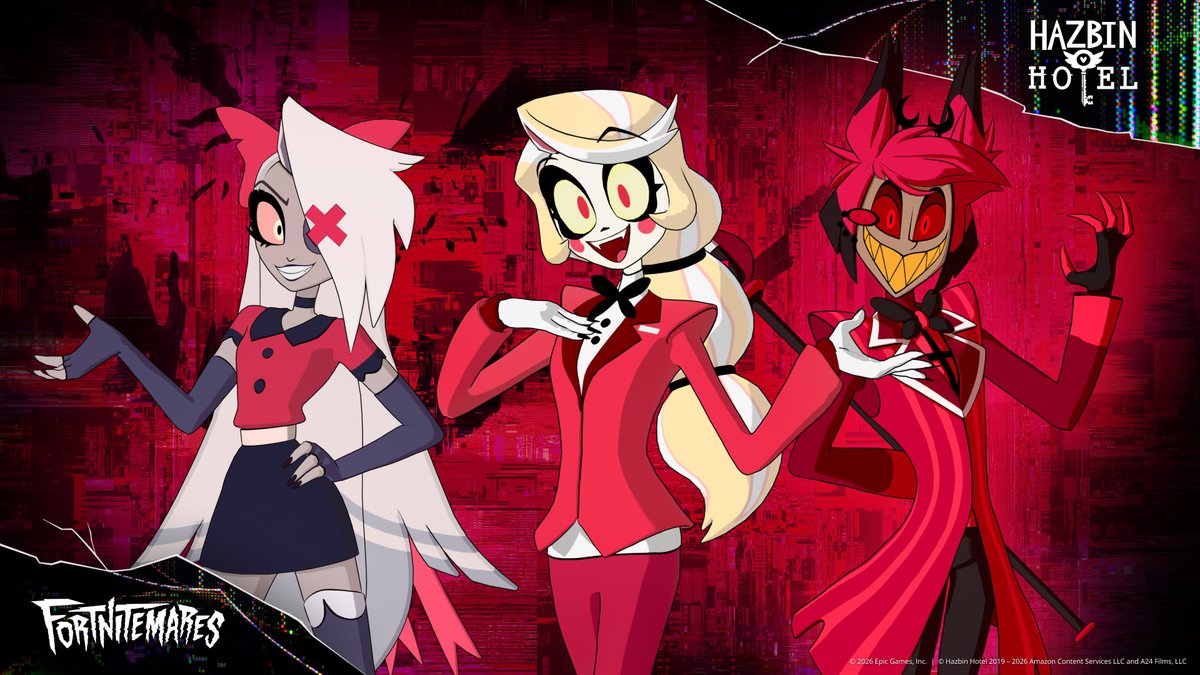 FortniteFR's tweet photo. Alastor, Charlie et Vagatha vous attendent à la réception de la boutique ! 🛎️ https://t.co/m9ACyGUpcz