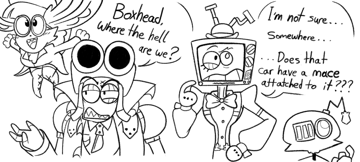 Edgy_Cupcake_'s tweet photo. Drew the CAV crew in the OK KO art style for funsies lol #CallingAllVillains #MrPuzzles #WPNZ #BoneDrone #ThePinkThing https://t.co/fZSENeE5Ix