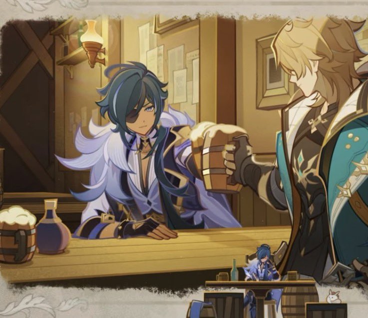 dawnvindr's tweet photo. I JUST REALISED. compared to kaeya and varka’s mugs having beer foam Diluc’s mug is the only one that doesnt which means he isnt even drinking alcohol.. this grape juice addict https://t.co/ryADHCkjc1