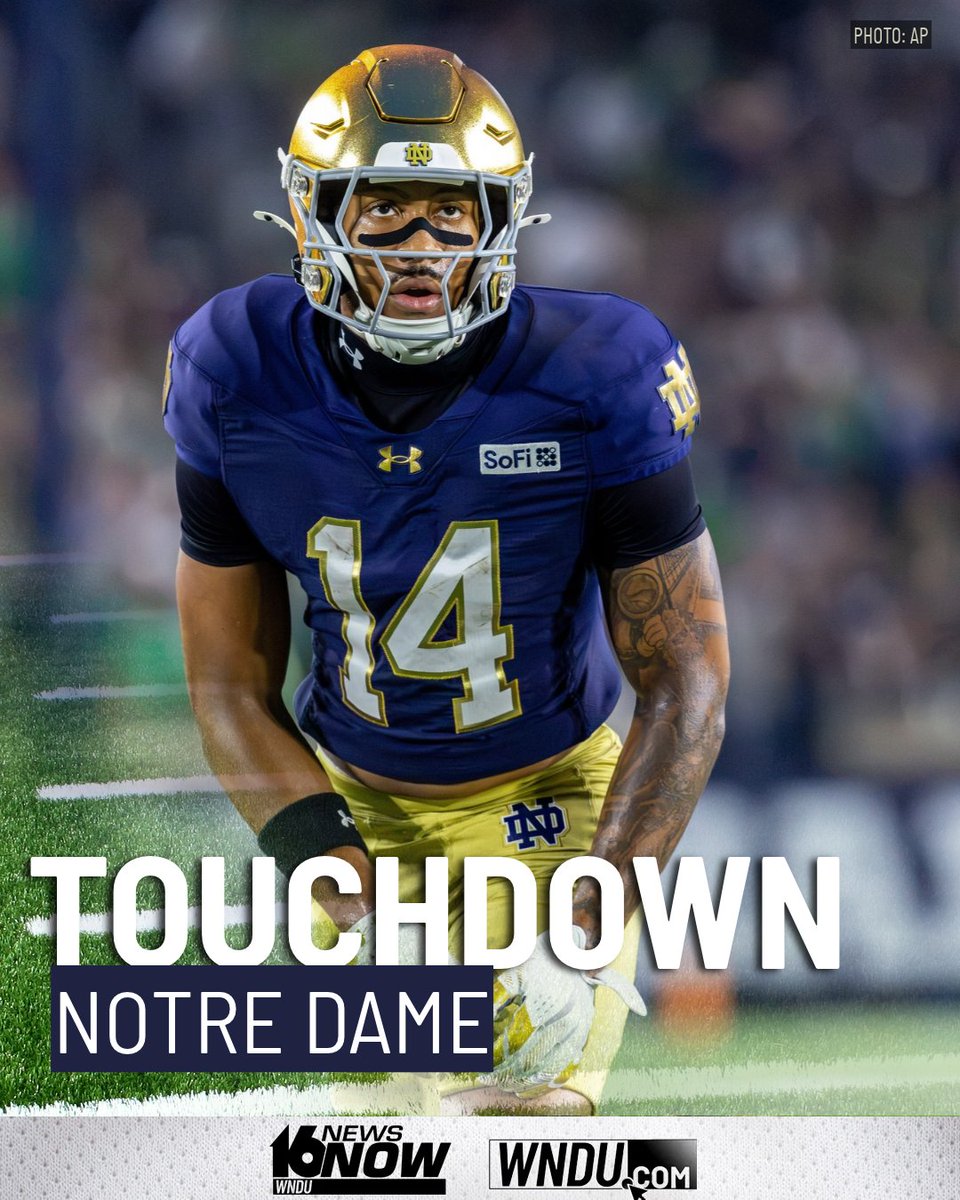 16NewsNow's tweet photo. TOUCHDOWN: CJ Carr connects with Micah Gilbert on an 11-yard touchdown pass to give the Irish the lead late in the first quarter ☘️
Notre Dame 7, Navy 3 - 1:47 left in Q1 🏈 https://t.co/166wfgjdTi