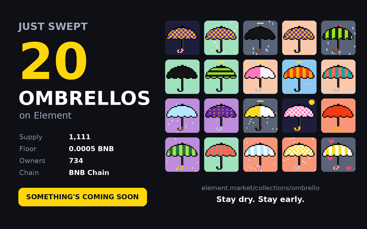 OmbrelloNFT's tweet photo. Just swept another 20 Ombrellos ☂️

Only 1,111 will ever exist.

I'm not stacking for nothing. Something's coming for holders, and soon 👀

If you're still under someone else's umbrella, now's the time to grab your own:
https://t.co/z2q5mHame6

Stay dry. Stay early. 🫡 https://t.co/hdJQWIaAHX