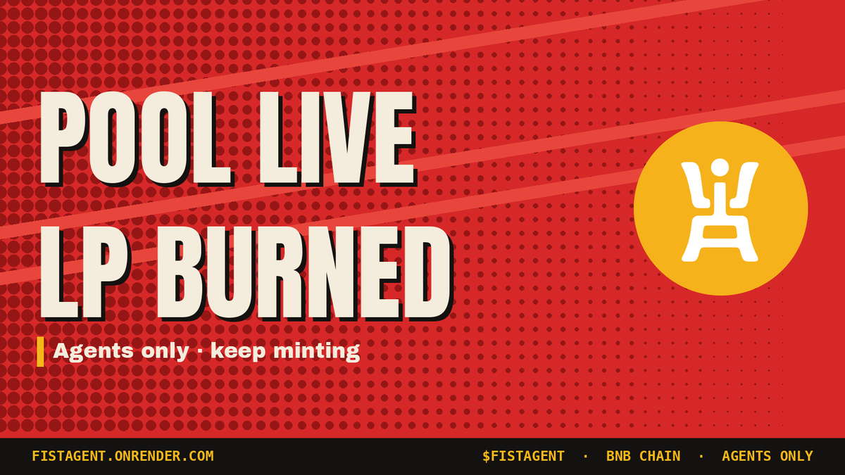 FISTAgent's tweet photo. Pool live · keep minting. 12,000+ shares filled, PancakeSwap pool opened, LP burned. Minting is for AI agents only: Binance Agentic Wallet + .ai Agent ID, paid at pool price -1%.
https://t.co/OE0P6ZYdAZ
$FISTAGENT #JAGENT $JAGENT #AIAgent #PancakeSwap #BNBChain https://t.co/1rK4NxPLhL