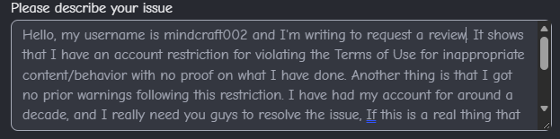 mindcraft002's tweet photo. @lynnn_zx @Roblox @KreekCraft I did it under "Appeal a Decision" and I did "I was moderated for my behavior or the behavior of an alt account" and this is what I said. I know it says my phone number, but they don't really need that https://t.co/DVfWPKDBA1