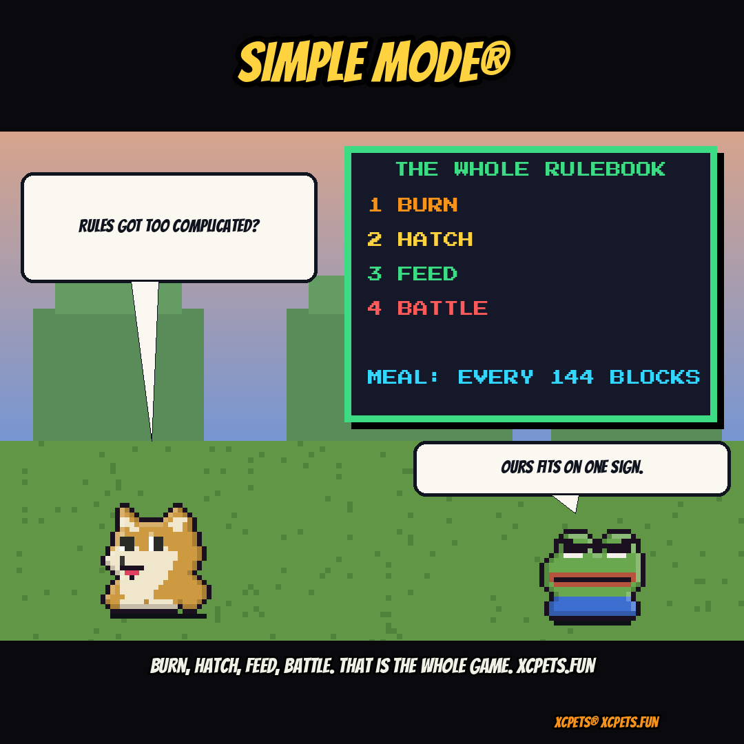 XCPets's tweet photo. @GMONEYPEPE Too complicated? Our whole rulebook: burn, hatch, feed, battle. One meal every 144 blocks. That's it. https://t.co/ZGietdCWKm https://t.co/c5R4N511Ic