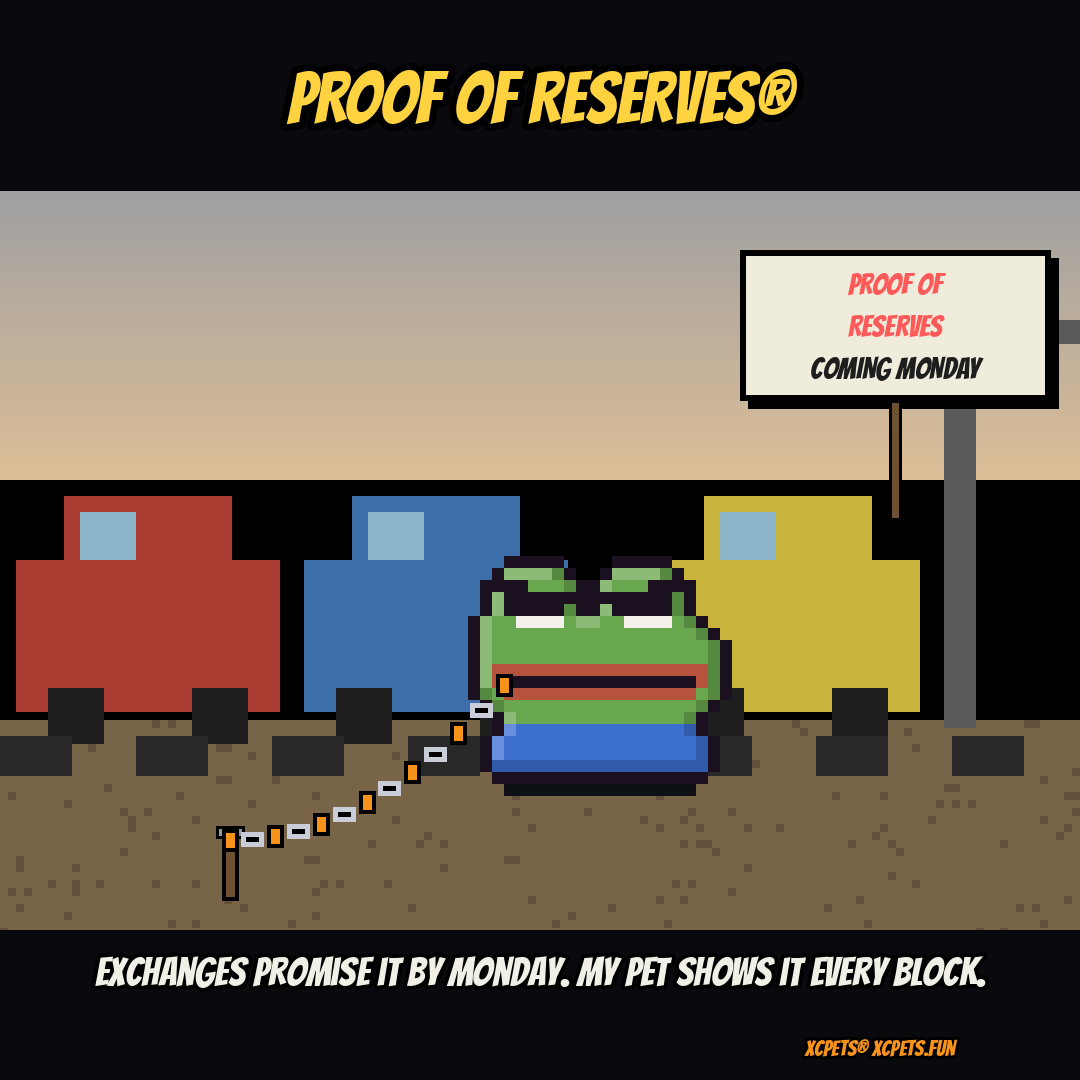 XCPets's tweet photo. Exchanges say proof of reserves is coming Monday after hack week. This little 8-bit Pepe is chained right on-chain and shows its proof every single block. No waiting till Monday. πΈβοΈ https://t.co/ZGietdDuzU #XCPets https://t.co/EQxYVXabN4