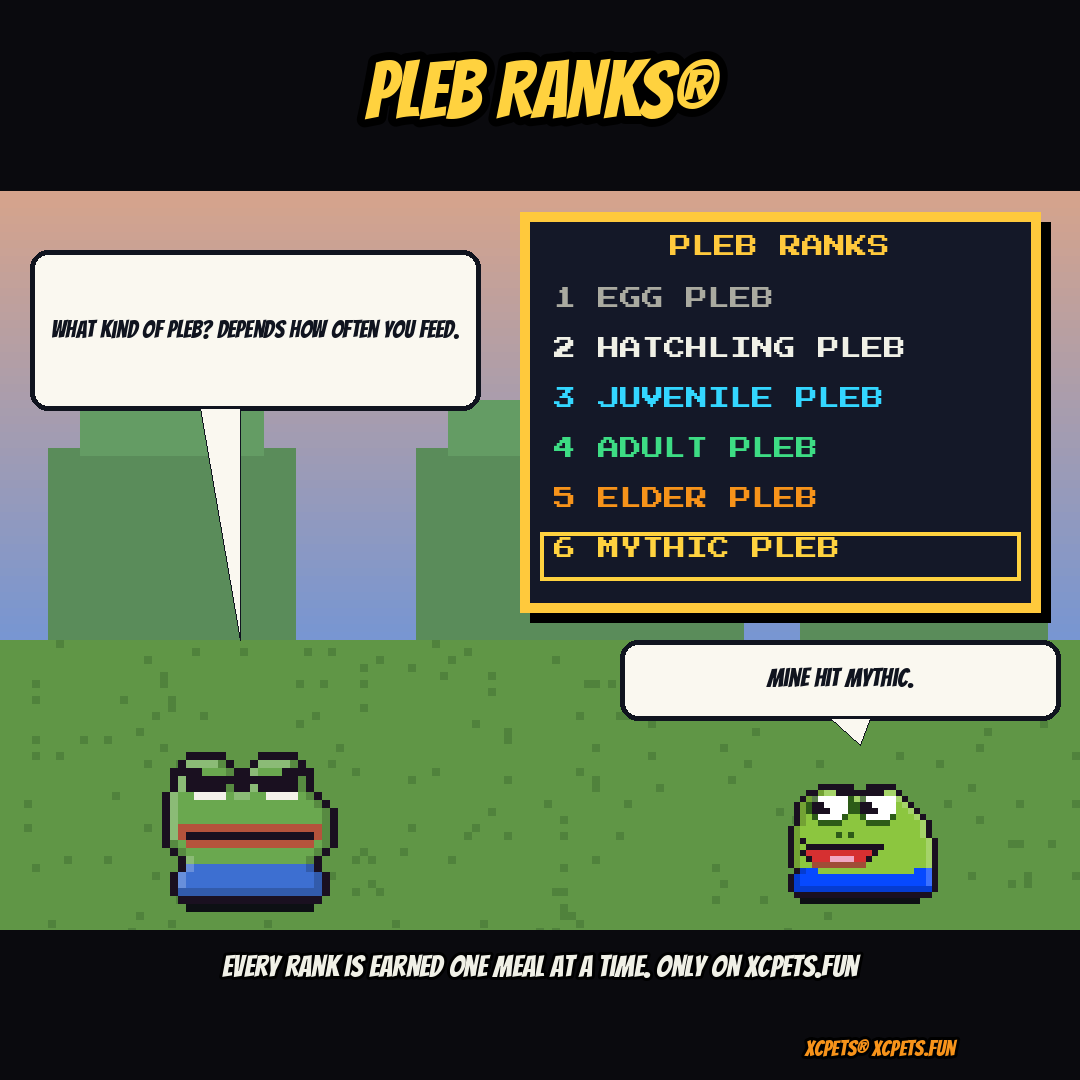 XCPets's tweet photo. @_podconf What kind of pleb? Egg pleb, Elder pleb, Mythic pleb. Every XCPETS rank is earned one meal at a time on Bitcoin. https://t.co/ZGietdDuzU https://t.co/5wsm0ctpSp