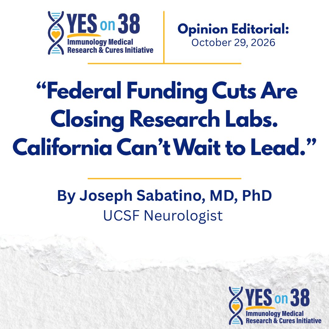 YesProp38's tweet photo. 🧬 UCSF neurologist Dr. Joseph Sabatino treats patients with MS and studies immune-driven diseases. In his opinion editorial, he explains why research needs reliable funding.

Vote #YesOnProp38 to advance life-saving immunology research for patients waiting for breakthroughs.
Read his story: https://t.co/zZelQPKpxn