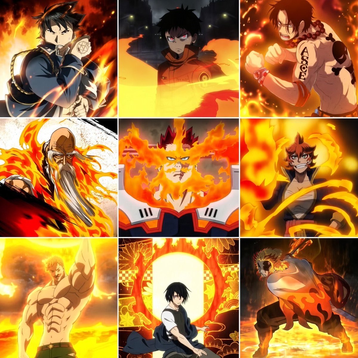 Free2Tink's tweet photo. Hot take!🔥 

🔥 Who’s the strongest fire user in anime? 🔥

Roy Mustang — Fullmetal Alchemist
Shinra Kusakabe — Fire Force
Portgas D. Ace — One Piece
Genryūsai Yamamoto — Bleach
Endeavor — My Hero Academia
Fuegoleon Vermillion — Black Clover
Escanor — Seven Deadly Sins
Sasuke Uchiha — Naruto
Kyojuro Rengoku — Demon Slayer

My take: Peak Shinra takes it overall, but Yamamoto is an absolute monster in pure firepower. Zanka no Tachi is ridiculous. 🔥💀

Who’s taking the crown? 👀