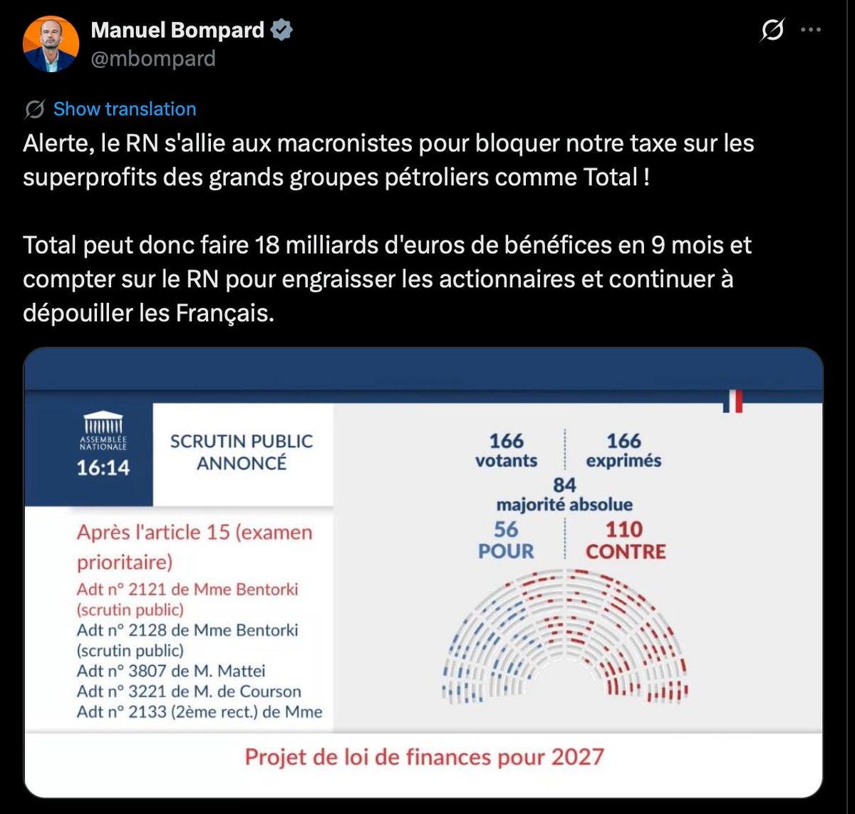 mbompard's tweet photo. @MLP_officiel Les députés du Rassemblement National ont refusé hier de voter une taxe sur les superprofits des pétroliers.

Une belle bande de tartuffes. https://t.co/zFqv0p9S9a