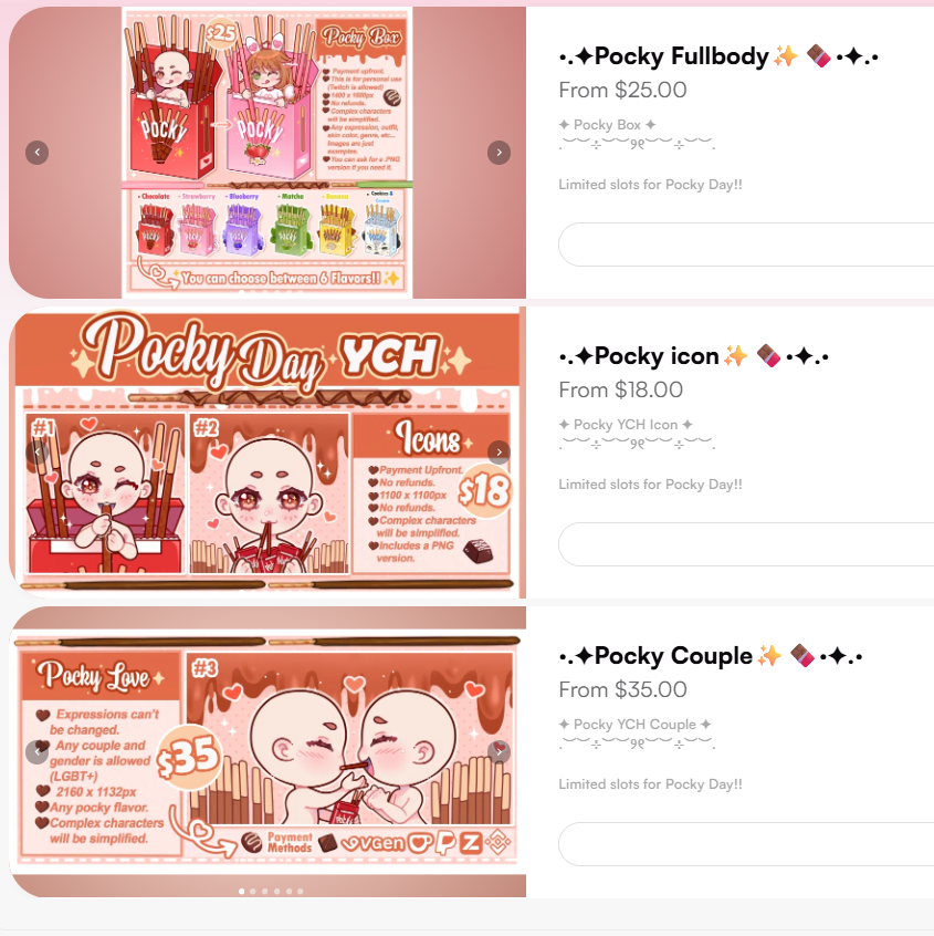 FrabyArts's tweet photo. Se acerca el día del pocky!! Así que nuevamente abro mis servicios de Pocky YCH🍫✨
¿Qué esperas para conseguir el tuyo? Hay varios sabores para elegir ~🍡
🔗En los comentarios ꔫ
#VgenComm #Vgencommission https://t.co/0JSTxVmAlX