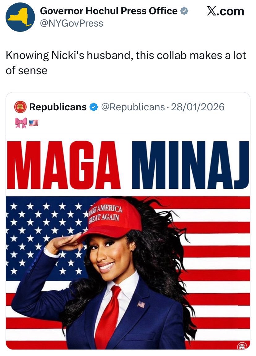 NickiCraveX's tweet photo. Kathy Hochul came for Nicki Minaj MONTHS before Nicki ever mentioned her, even bringing her husband into the conversation.

Now Nicki is being criticized for speaking on her? The selective outrage is a JOKE. You can’t come for someone first and then play victim when they respond. https://t.co/w2N06jX3Pb