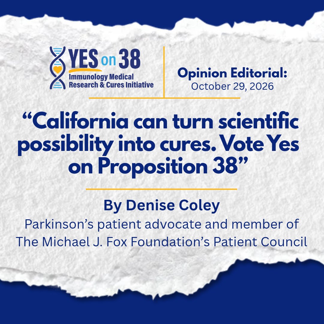 YesProp38's tweet photo. 🧬 For Denise Coley, who lives with Parkinson’s, research breakthroughs mean hope for greater independence and more possibilities.

In her op-ed, she shares why patients and their families are supporting sustained research funding.

Vote #YesOnProp38 to advance life-saving immunology research.
Read her story: https://t.co/TINtNgJ75z