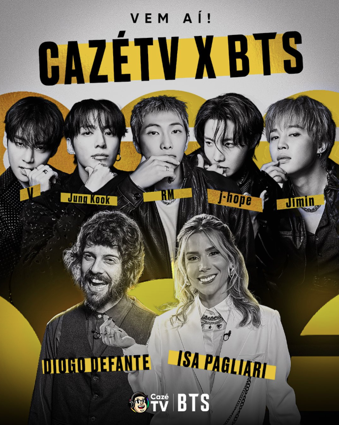 AboutMusicYT's tweet photo. RM, Jungkook, V, Jimin and J-Hope did a special interview with CazeTV during their visit in Brazil. https://t.co/NzqtulYej2