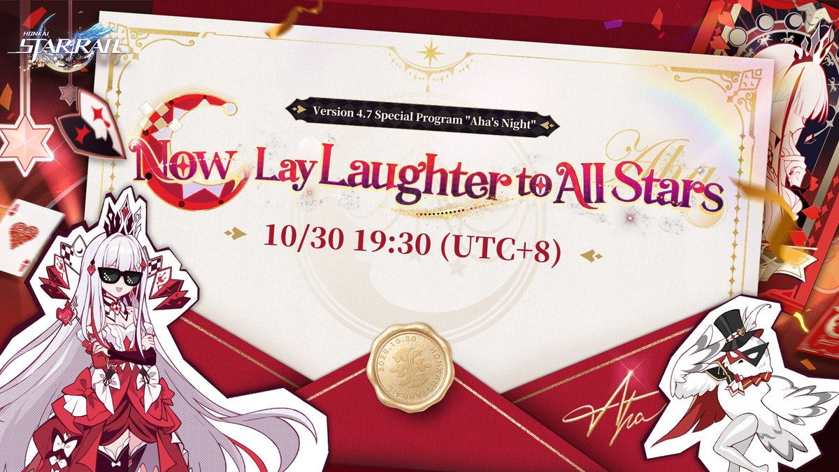 honkaistarrail's tweet photo. 🎁#HSRSpecialProgram - Share for a chance to win Star Rail Passes

The Honkai: Star Rail Version 4.7 "Now, Lay Laughter to All Stars" Special Program will release on 2026/10/30 19:30 (UTC+8).

▼YouTube
https://t.co/z5DO29swzv

▼ How to Participate and Event Rewards
Quote this post with the hashtag #HSRSpecialProgram. We will select 50 participants, and each will be rewarded with 10 Star Rail Passes.

▼ Event End Date:
2026/10/30 23:59 (UTC+8)

Attention
https://t.co/UHYNmphSrR

#HonkaiStarRail