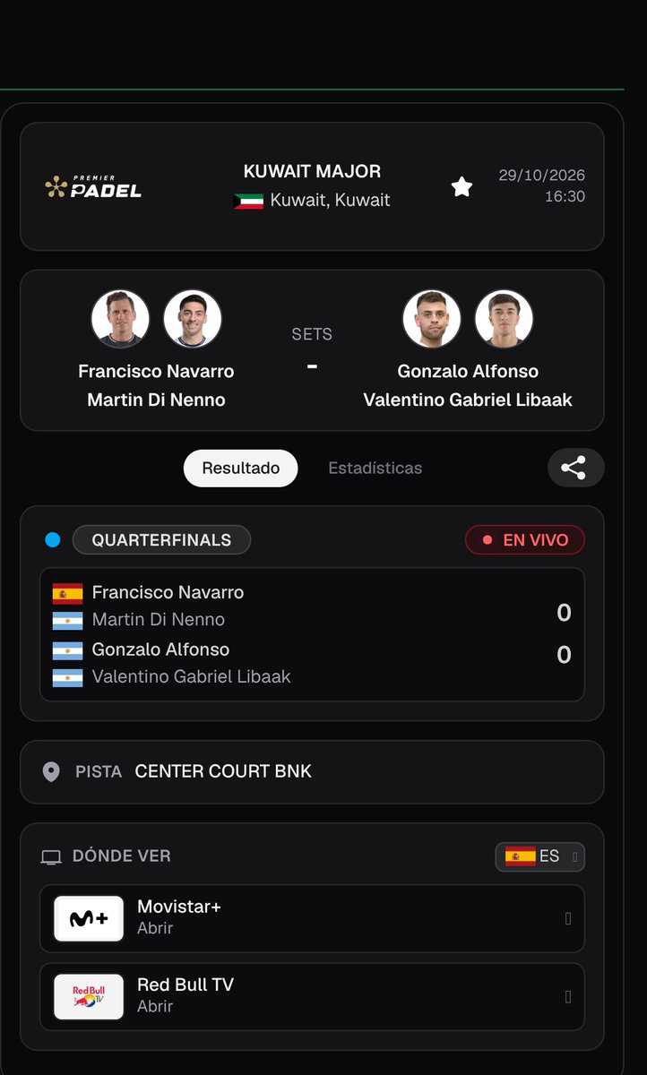 PadelscoreApp's tweet photo. 🔴 EN DIRECTO · Cuartos de final · Kuwait Major 🇰🇼
Navarro / Di Nenno 🆚 Alfonso / Gabriel
#KuwaitMajor #PremierPadel https://t.co/5Rh8WafEcd