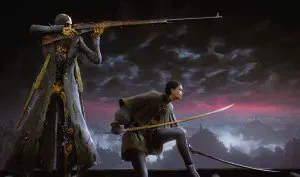 A tall, gaunt figure in a long dark coat with yellow trim stands aiming a long rifle. In front, a crouched figure in dark clothing holds a drawn sword against a dramatic sky with red and purple clouds over mountains.