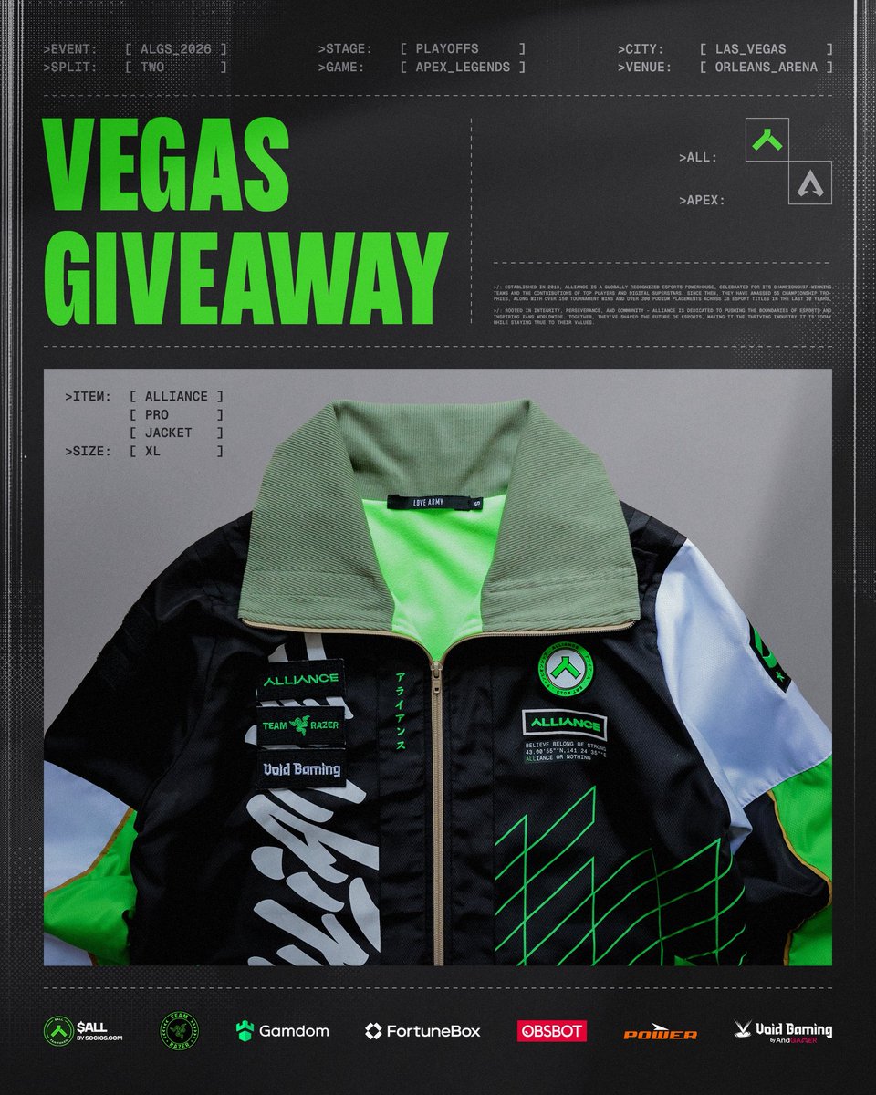 theAllianceGG's tweet photo. To celebrate Vegas we are giving away our Champs jacket to one of you #ALLFam 💚

— Follow @theAllianceGG 
— RT 
— Comment your good luck wishes to the boys 🔽 https://t.co/LNwH9ojPIE
