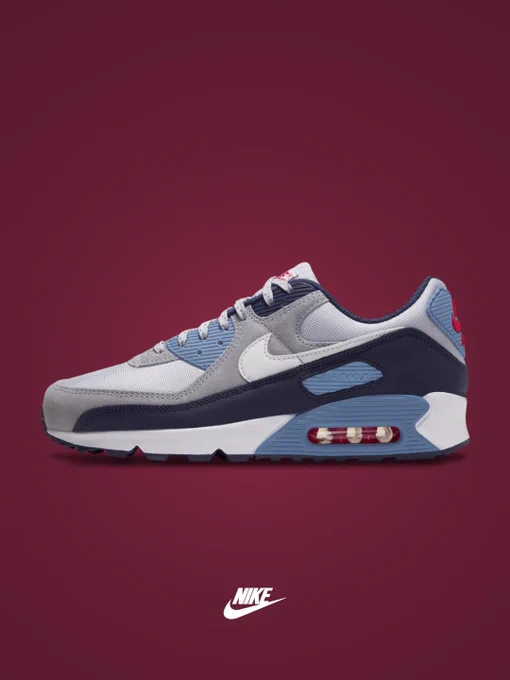 Nike Air Max 90 Geyser Grey / Thunder sneaker, side profile on a solid background, with the Nike logo at the bottom.
