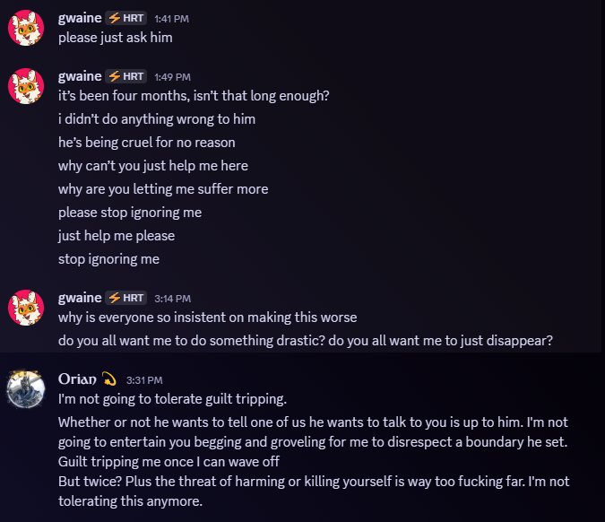 Finnjpeg_'s tweet photo. I had to take down the OG screenshots to this response to blur a name.

I will also give an update:
I've been in contact with Gwaine's father. He is stable. His father is also trying to get a hold of Gwaine's phone so he can delete the Twitter posts 👍. https://t.co/zscYAHP8AA