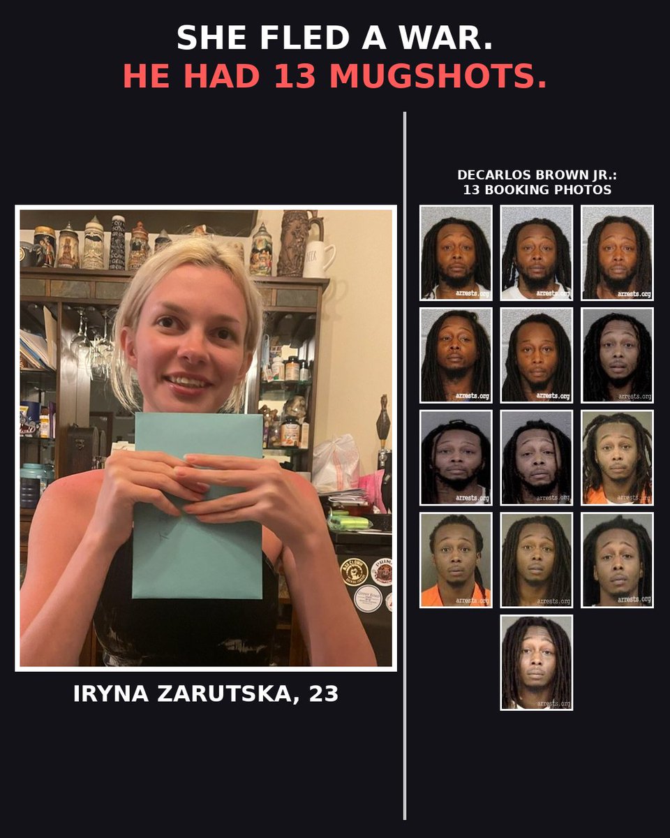 Kentuckygirl1's tweet photo. UPDATE: The man who butchered Iryna Zarutska on a Charlotte train is now "incapable to proceed."

Her family is left waiting for justice. 

Again.

Decarlos Brown, Jr., 36, allegedly stabbed Iryna Zarutska, 23, in the neck on Aug. 22, 2025. 

The video showed him sitting behind. 

They never spoke.

He just stood up and stabbed her. 

The people sitting closest to her didn't make a move to help her. 

She bled out on the train floor.

He allegedly repeated over and over, "I got that white girl."

Then he got off at the next stop.

Iryna Zarutska fled the war in Ukraine for the safety of America.

On Oct. 27 a judge delayed his state hearing 180 days after the state hospital found him incapable to proceed. 

A federal judge found him incompetent in June. 

Prosecutors are trying to restore his competency with medication.

He has at least 14 prior arrests, including armed robbery, for which he served about 5.5 years.

In Jan. 2025 Magistrate Teresa Stokes released him on a written promise to appear. 

No bond at all.

7 months later, Iryna was dead.