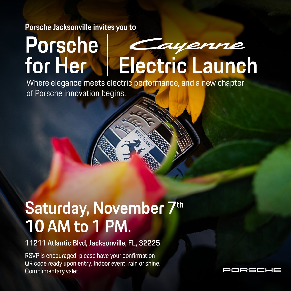 FieldsAuto's tweet photo. Just over a week to Porsche for Her: Cayenne Electric Launch. Saturday, November 7, 10 AM to 1 PM at Porsche Jacksonville. All are welcome. 

RSVP: https://t.co/0G63Q651o6 or call (904) 725-9155

#Porsche #Jacksonville https://t.co/WwFgz6v6Vb