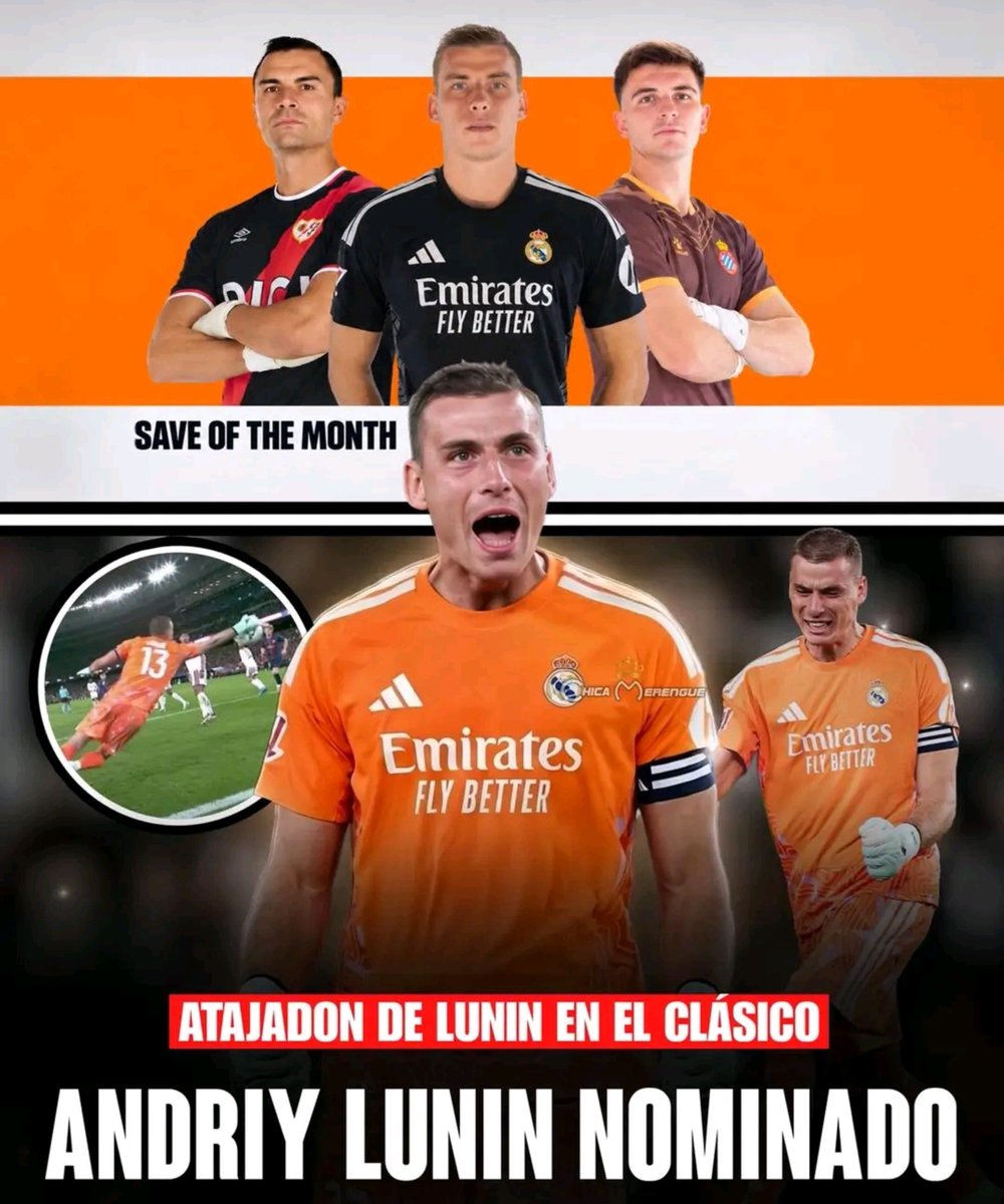LeyendasRMM's tweet photo. 🚨🧤 OFICIAL: La increíble ATAJADA de Andriy Lunin contra el Barcelona está nominada para ser la mejor ATAJADA DEL MES DE LA LIGA.

ENHORABUENA LUNIN 🔥
Hala Madrid https://t.co/z6TeITIEqs