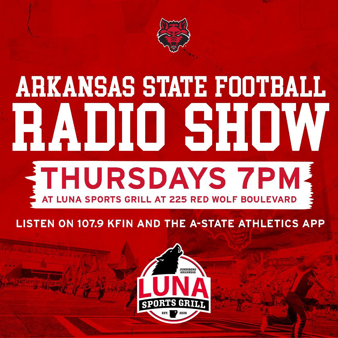 AStateRedWolves's tweet photo. How are Coach Jones and the Red Wolves spending the bye week and preparing for a really important November slate?

They’ll tell you TONIGHT, during “Live With the Red Wolves”. They’ll show starts at 7:00 from Luna Sports Grill inside the Embassy Suites.  #WolvesUp https://t.co/bc8DBjULZB