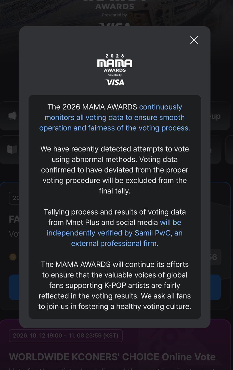 votingbrigade's tweet photo. We acknowledge your commitment to ensuring a fair and transparent voting process. However, we expect all voting irregularities to be addressed with the utmost professionalism, impartiality, and accountability.

We urge @MnetMAMA to take decisive action, consistently enforce voting regulations, and provide clear, transparent explanations of any measures taken.

Accountability must go beyond statements. It requires concrete action, consistent enforcement, and transparency to maintain public trust and safeguard the integrity and credibility of the awards.