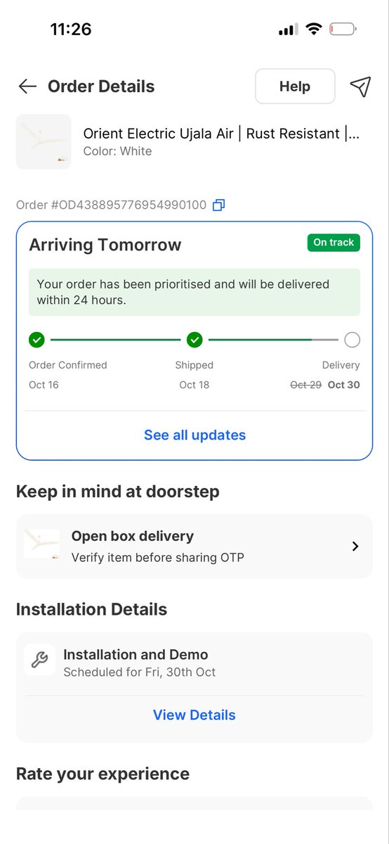 parmeshdagar's tweet photo. @Flipkart @flipkartsupport 13 days, prepaid, "Arriving Tomorrow" every single day. Shipped Oct 18 and still no fan. No delivery, no cancellation, no refund. That's not logistics, that's holding my money. Atleast cancel and pay back! Fix OD438895776954990100 today. #Flipkart https://t.co/8eF66bC7WP