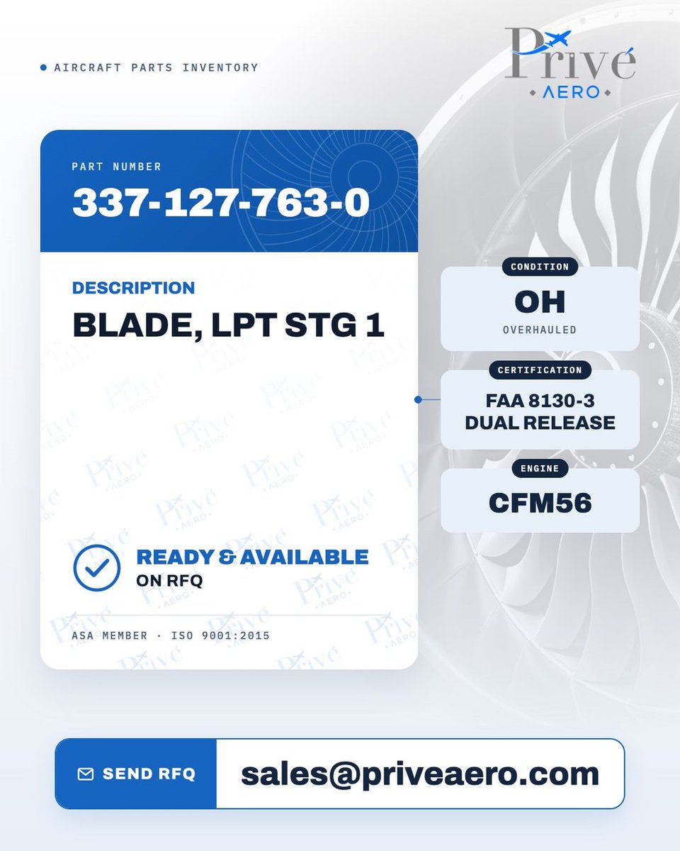 priveaero's tweet photo. Now listed: P/N 337-127-763-0 ✈️
BLADE, LPT STG 1
Overhauled (OH) · FAA 8130-3 Dual Release · CFM56

👉 https://t.co/5Zmb3wwasu
📩 Have an RFQ? Send it to sales@priveaero.com

#CFM56 #Airplanes #AviationMaintenance https://t.co/doUYnvUCDJ