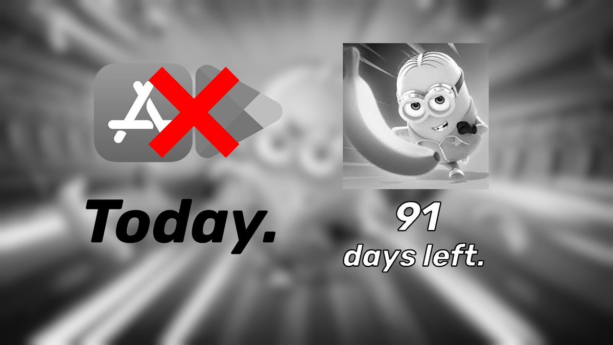 MinionRushEOSCD's tweet photo. Starting today, Minion Rush will be removed from app stores.

After this, the game will no longer be available for download (unless you did it beforehand), there will be no further updates, and IAPs will be disabled.

91 days until Minion Rush shuts down.

#SaveMinionRush https://t.co/vxQxLIbYox
