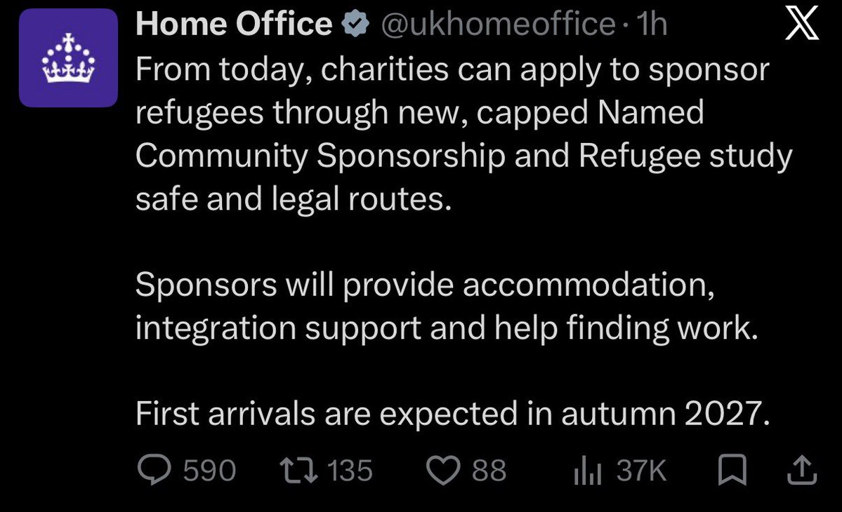 WasAcop's tweet photo. Home Office just opened new “capped” sponsorship routes for refugees. 😡

Initial host countries: Bangladesh, Egypt, India, Kenya, Malaysia, Pakistan, Uganda.

No nationality restrictions — so Afghans, Iranians, Syrians, Yemenis etc. who are registered in those places can be brought in.

Same countries the FCDO tells British people not to travel to. 

First arrivals autumn 2027. This needs to stop. 🛑