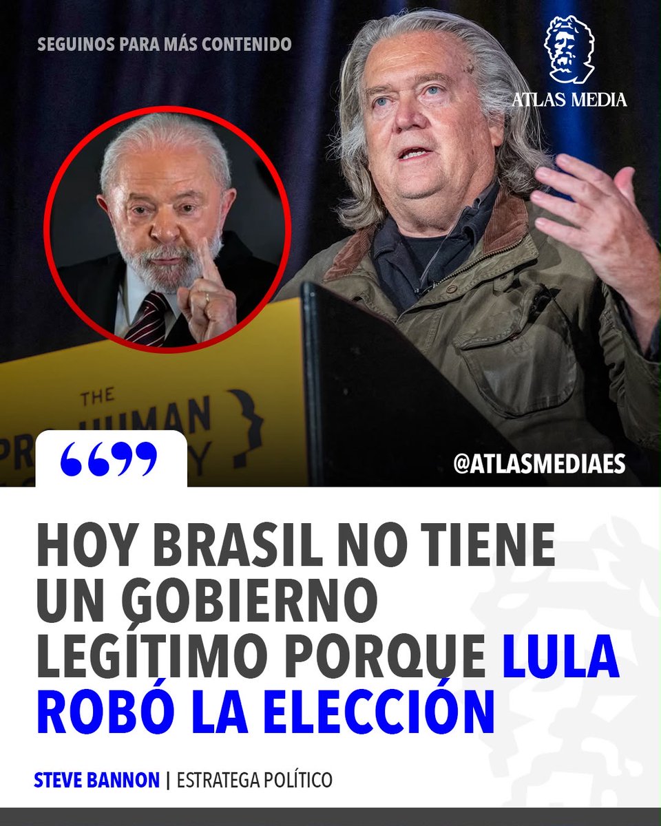 atlasmediaes's tweet photo. 🇺🇸🇧🇷 | AHORA: Steve Bannon no se anda con vueltas: para el ex estratega de Trump, Brasil hoy no tiene un gobierno legítimo porque Lula robó la elección. El cerebro de la primera campaña de Trump pone en duda la limpieza del proceso que llevó al PT de vuelta al Planalto. https://t.co/cVFSFi60a9