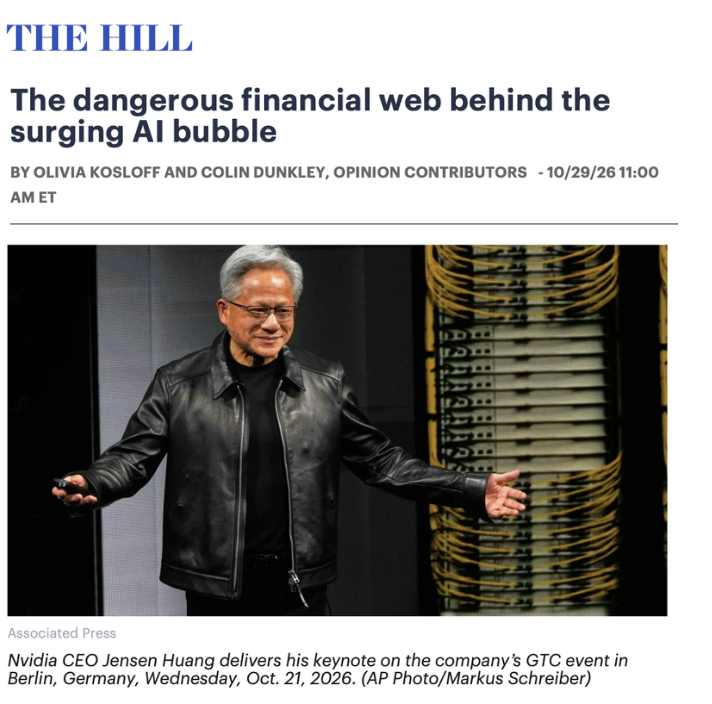 econliberties's tweet photo. Concerns over an AI bubble are mounting, yet Nvidia — whose chip monopoly and vast capital have allowed it to shape the AI market — continues to escape scrutiny.

In a new op-ed, @OliviaWKosloff and Colin Dunkley layout the financial web behind the AI bubble and call for Congress to investigate.