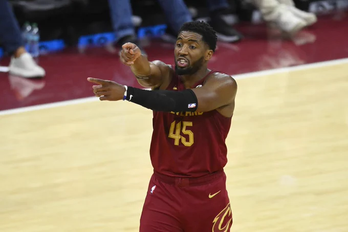 Cleveland Cavaliers guard Donovan Mitchell reacts in the fourth quarter against the Washington Wizards at Rocket Arena.