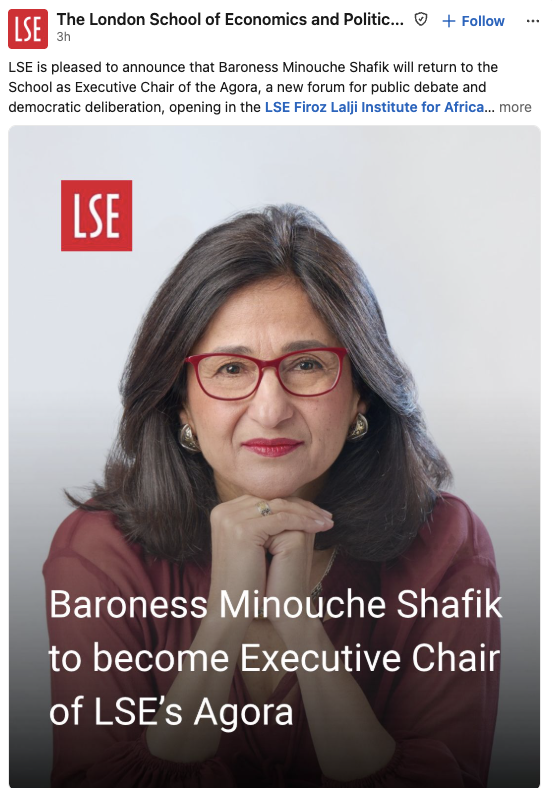 mahmoudkhalel's tweet photo. You can’t make this up. Minouche Shafik, the former @Columbia president who caved to hostile politicians in a disastrous hearing, called the NYPD onto her own campus, had students arrested by the hundreds, then resigned in disgrace, is now in charge of @LSEnews new forum for “democratic debate.”

Will she call the police on the debaters too?

https://t.co/p4QV48yyW7