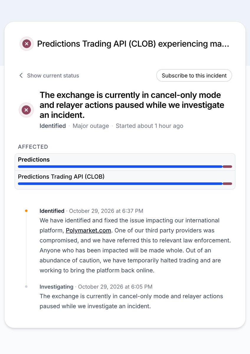 IntCyberDigest's tweet photo. ‼️ BREAKING: PolymarkeT users were drained through its own website.

A hijacked DebugBear monitoring script sold users' positions and sent ~$2.6M to one wallet.

Polymarket halted trading and says victims will be made whole. The wallet has since been emptied. https://t.co/dC0gMbKfKI